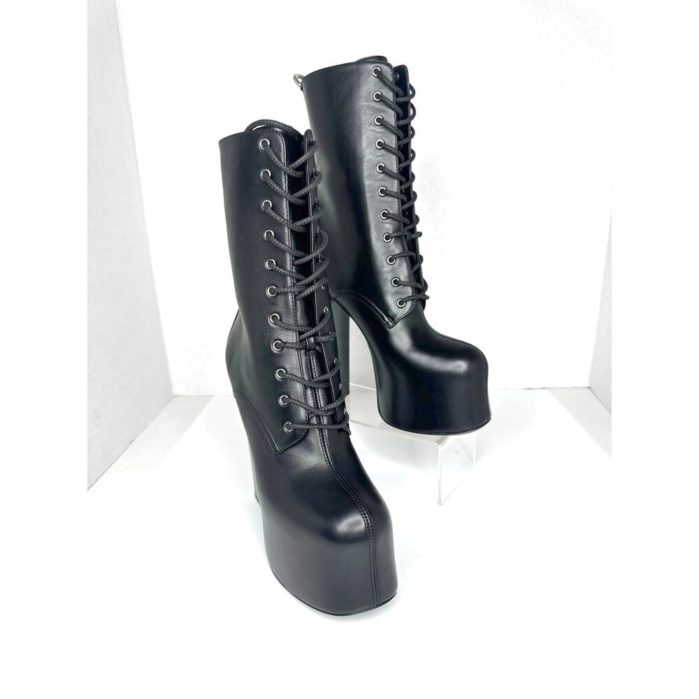 Saint Laurent Black Cherry Leather Platform Ankle Boots lace-up Designer EU 36.5 - Picture 5 of 14
